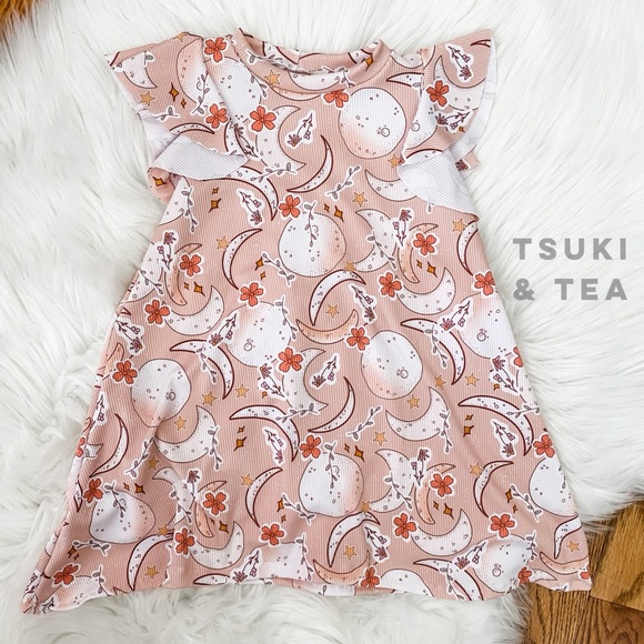 Handmade Moon and Stars Flutter Sleeve Dress Pink - Picture 1 of 2